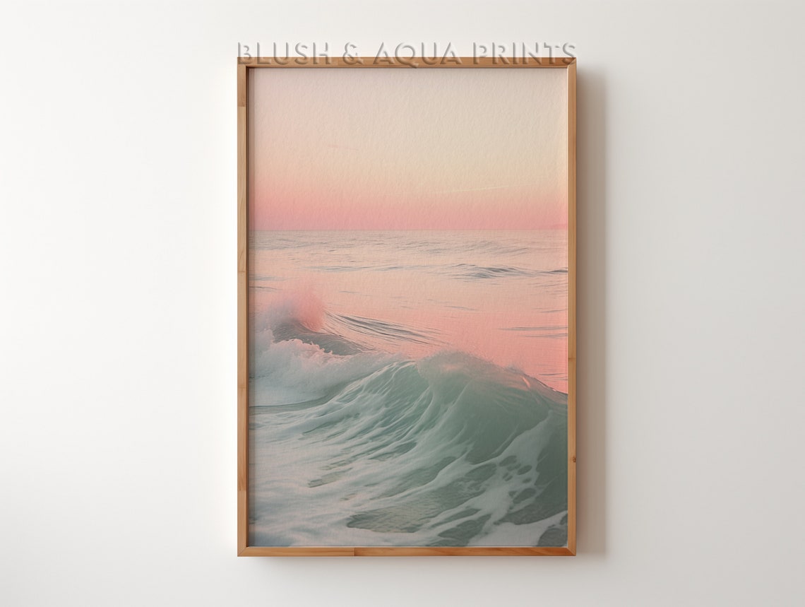 Pastel Pink Ocean Wave at Sunset Minimalist Coastal Art Print