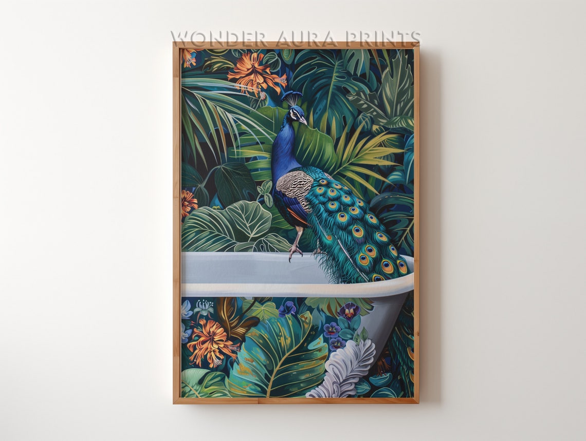 Colorful Peacock Standing on a Bathtub in a Tropical Jungle Wall Art