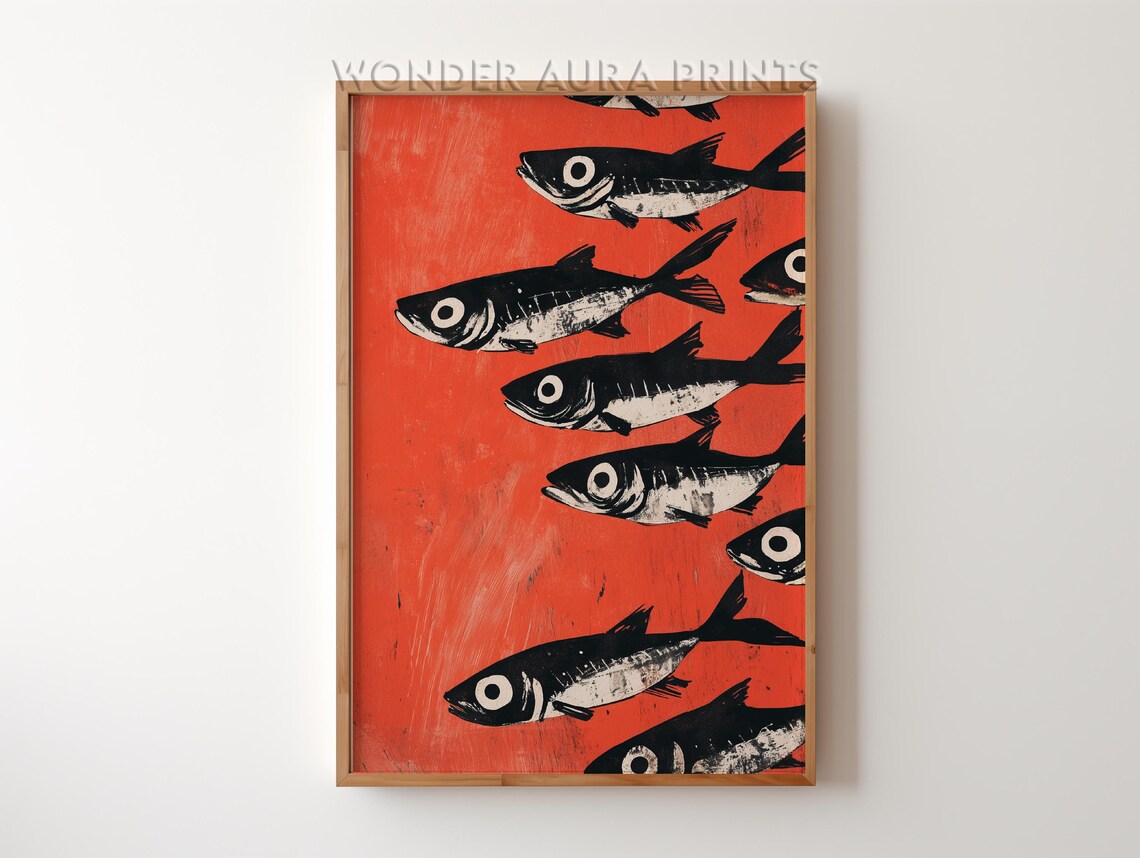 Vintage Sardines School Of Fish On Red Textured Kitchen Wall Poster