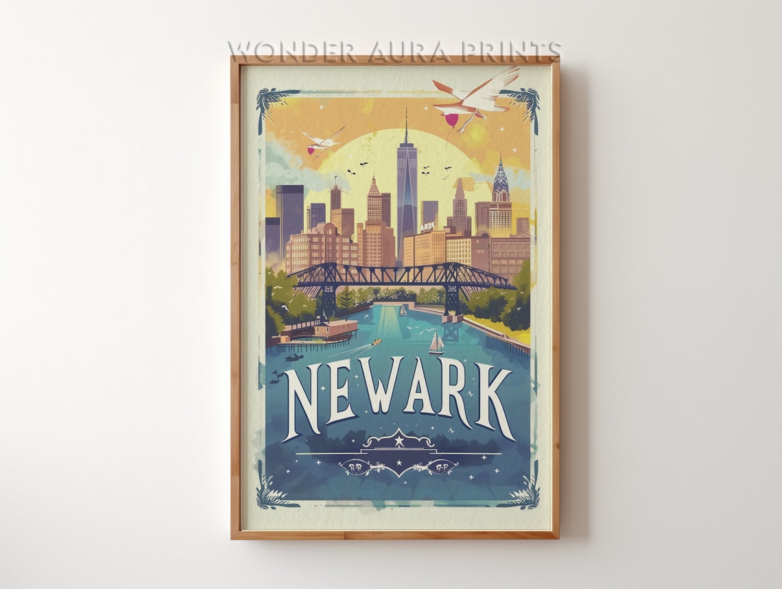 Newark Riverfront Skyline With Bridge And Sunrise Sailboats Poster