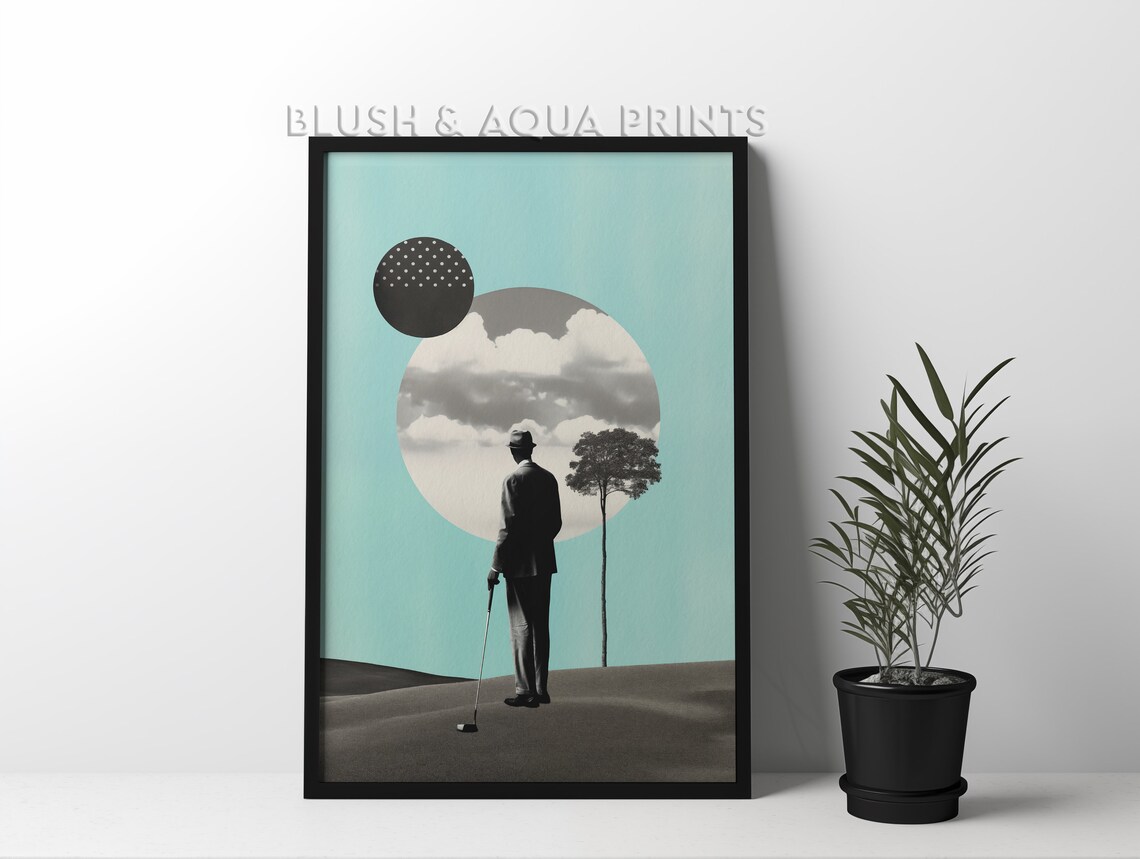 Surreal Golfer Cloud Sphere Turquoise Retro Collage Art Poster