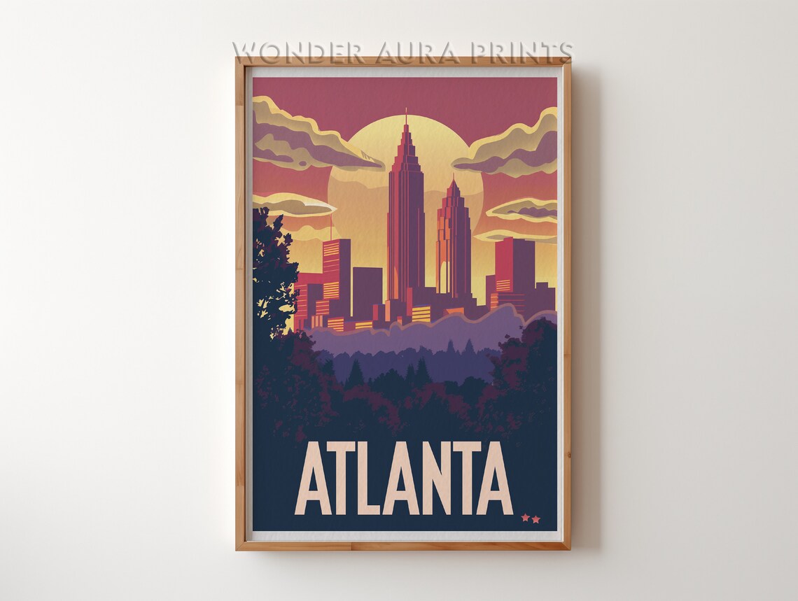 Atlanta Georgia Sunset City Skyline Golden Hour Modern Travel Poster