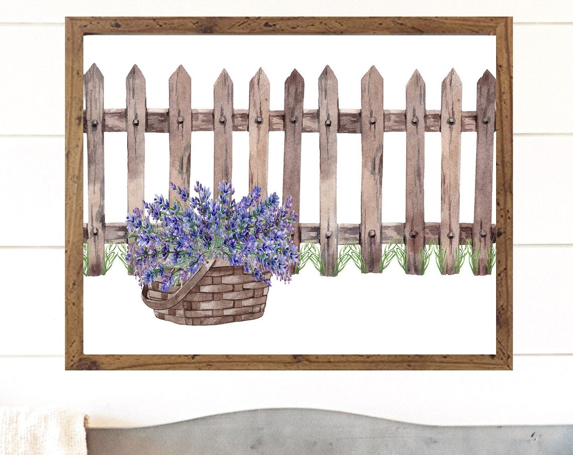 Woven Basket of Purple Lavender by Wooden Picket Fence Wall Art