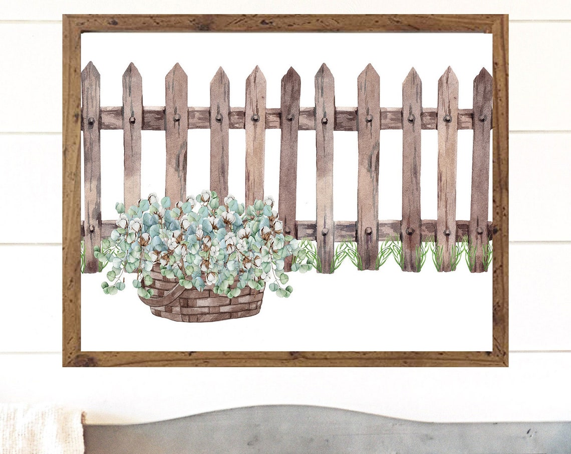 Woven Basket of Eucalyptus Cotton by Rustic Picket Fence Print