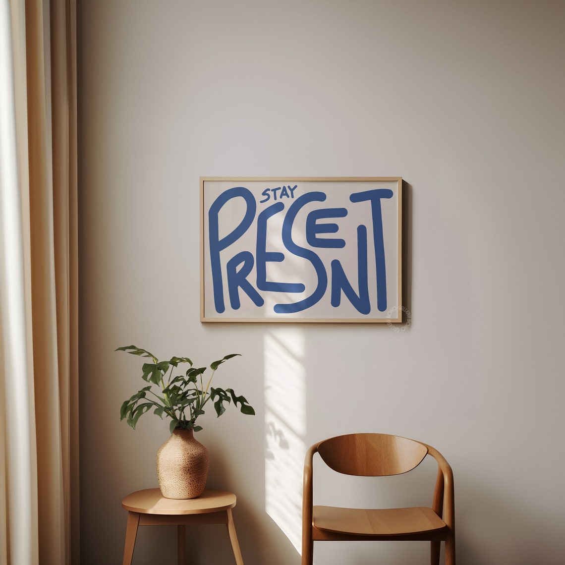 Stay Present Blue Hand Lettered Mindfulness Quote Art Poster - Image 2