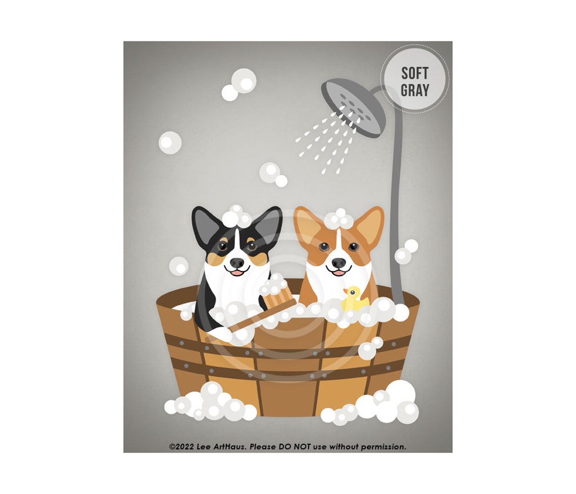 Two Corgis in Wooden Bucket Bubble Bath With Duck Funny Poster - Image 3