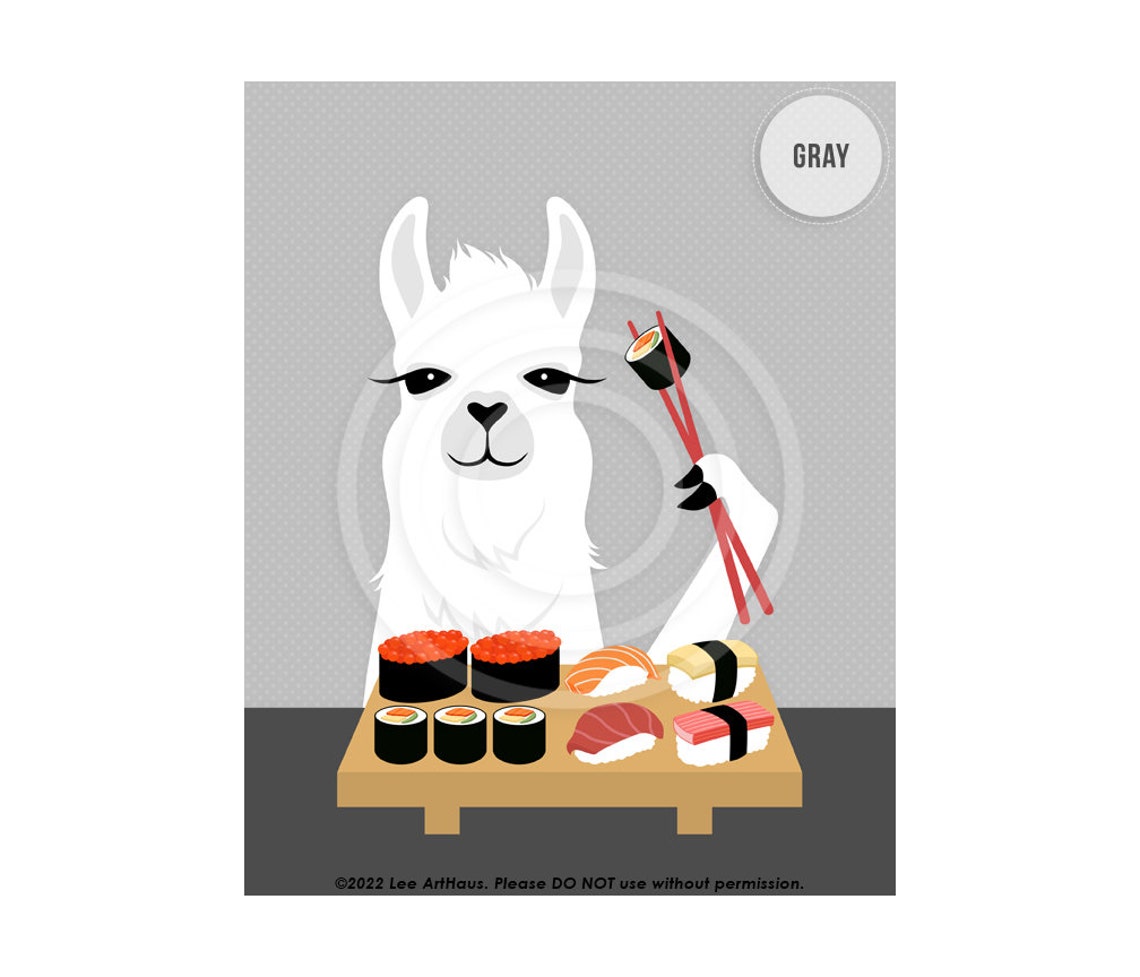 White Llama Eating Sushi Chopsticks Sushi Platter Funny Foodie Poster - Image 3