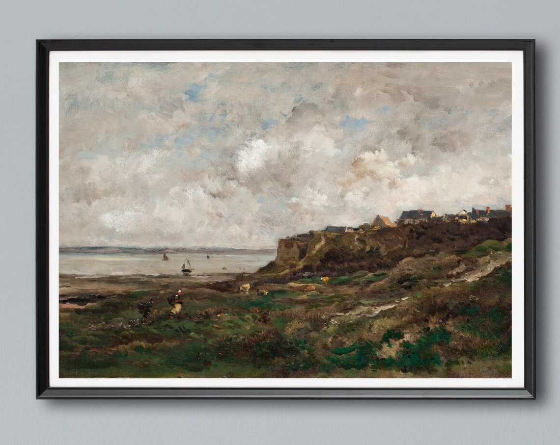 Moody Coastal Cliffs Village Seascape Antique Oil Painting Poster - Image 4