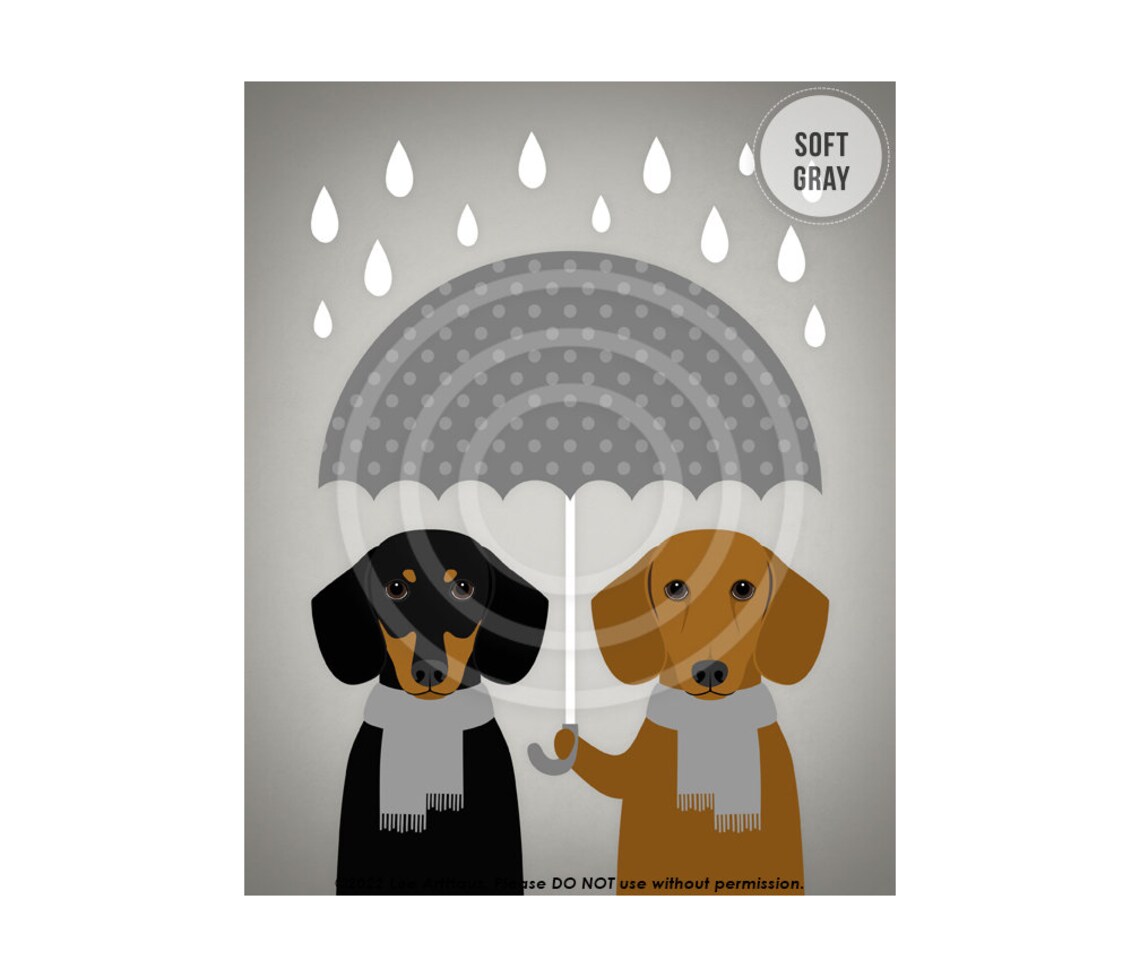 Two Dachshunds Sharing Umbrella in the Rain With Scarves Poster