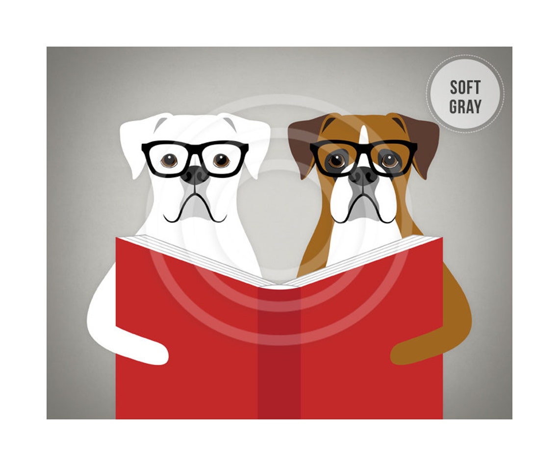 Two Boxer Dogs Wearing Black Glasses Reading a Book Funny Poster - Image 3
