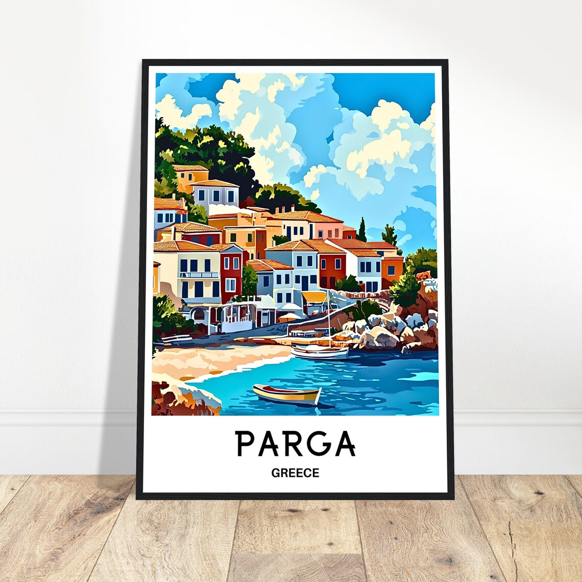Parga Greece Seaside Town Beach Boats Vintage Travel Art Poster