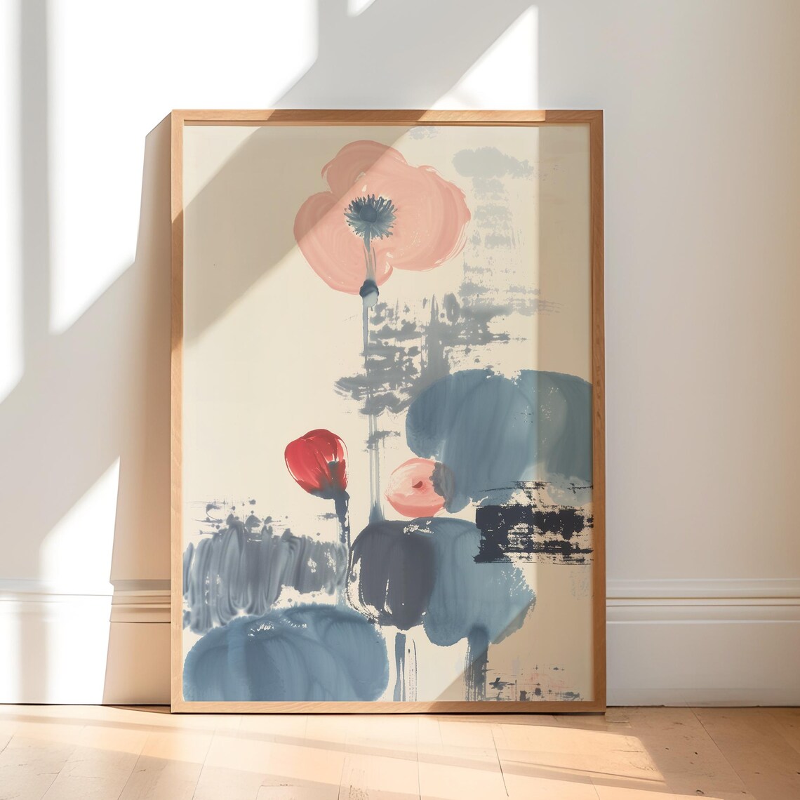 Abstract Pink Blossoms With Slate Blue Leaves Japandi Poster