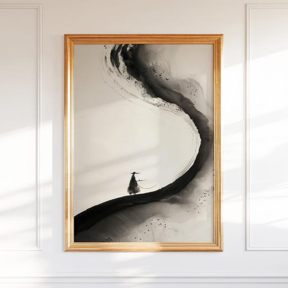 Zen Ink Wall Art Abstract Landscape Painting Modern Folk Home Office Pictures Minimal Decor Gift