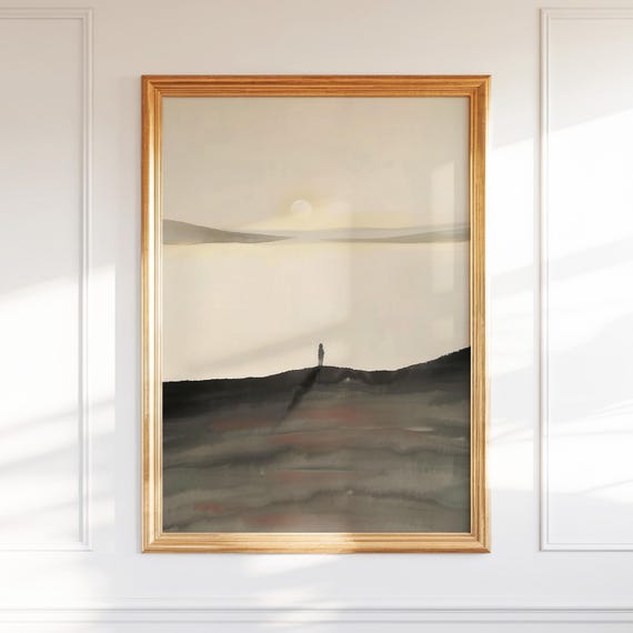 Minimalist Sunset Landscape Calm Nature Print Neutral Wall Art Solitary Figure Illustration Zeninspired Tranquil Decor