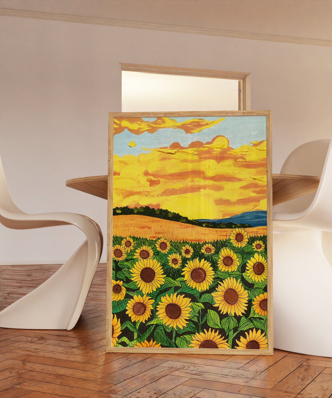 Sunflower Field Golden Sunset Farm Meadow Oil Style Wall Art - Image 3