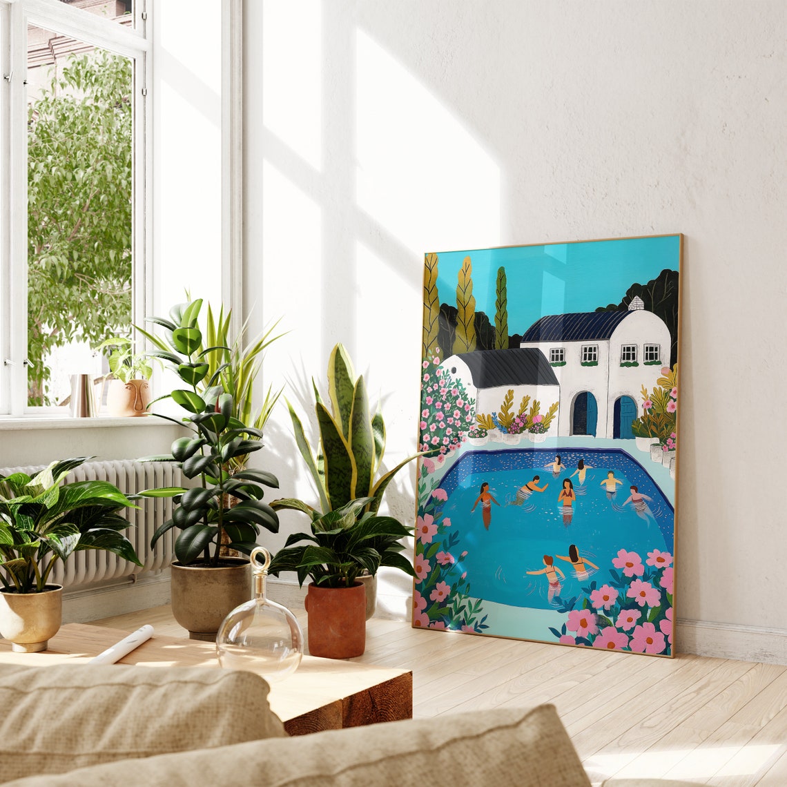 Poolside Summer Swimmers Villa Pink Flowers Illustration Print - Image 2