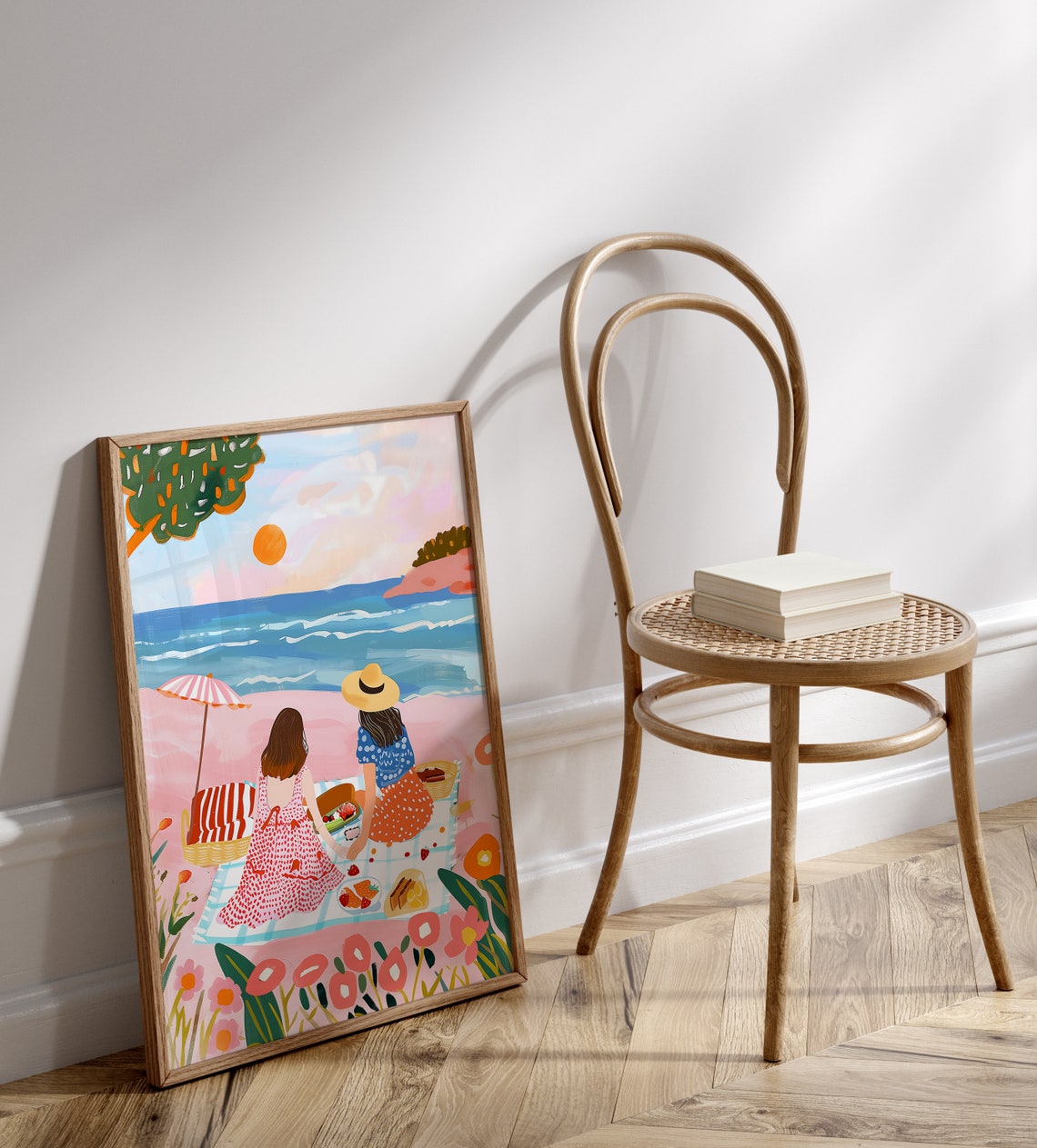 Beach Picnic Friends At Sunset On Pink Sand Beach Decor Art Print - Image 2