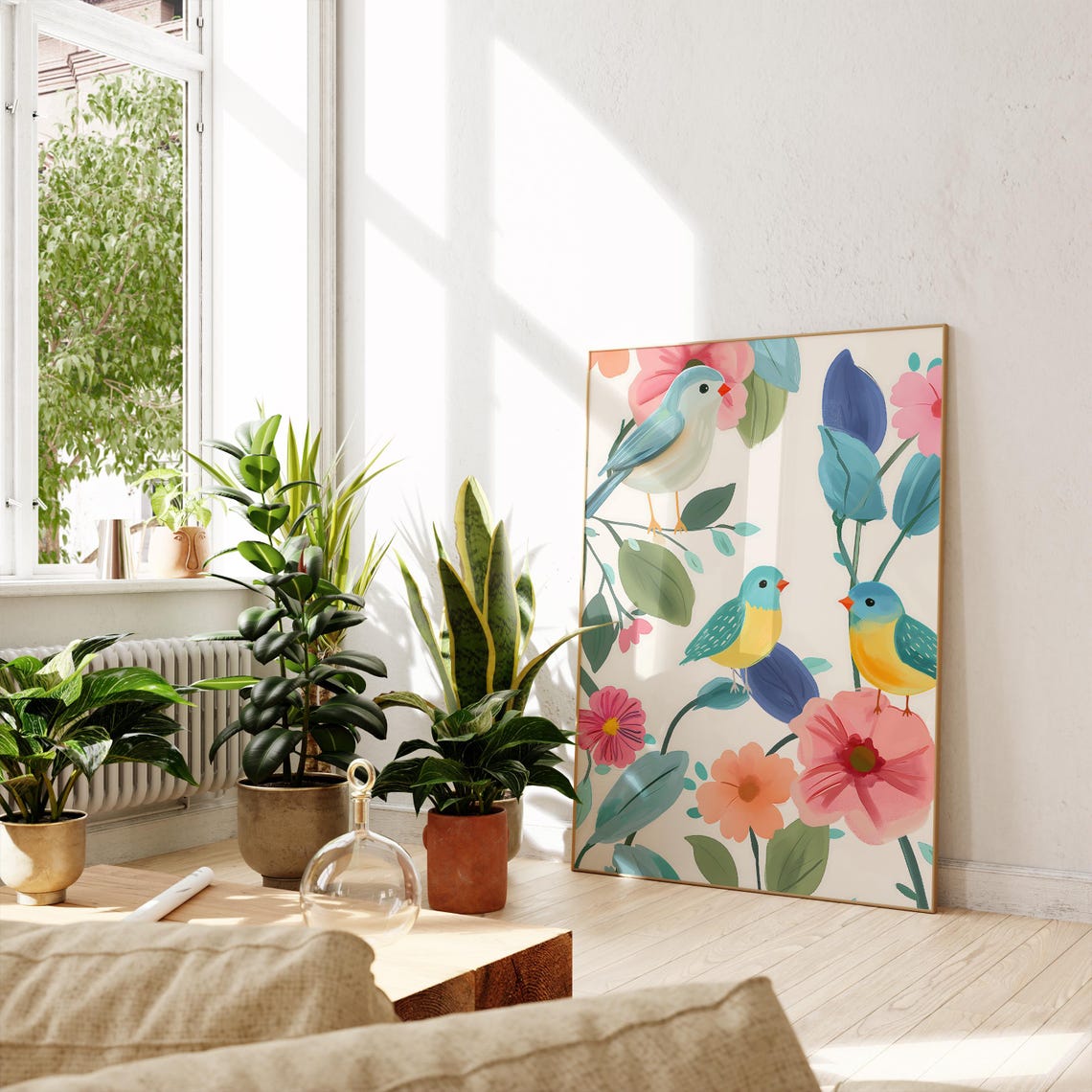 Little Blue Birds Pastel Blossoms Spring Floral Illustration Print - Image 2