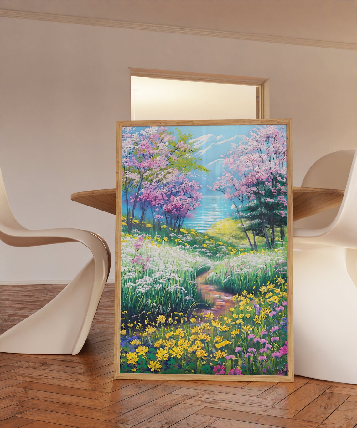 Blossoming Spring Cherry Trees Lake And Mountain Meadow Print - Image 3