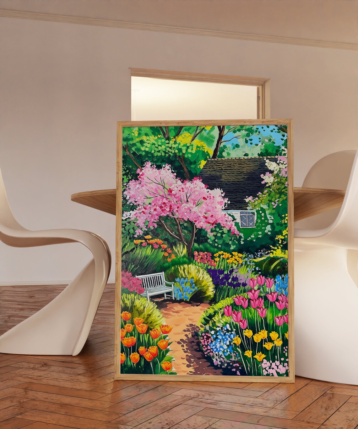 Cottage Garden Bench Tulips Cherry Blossom Spring Floral Poster - Image 3