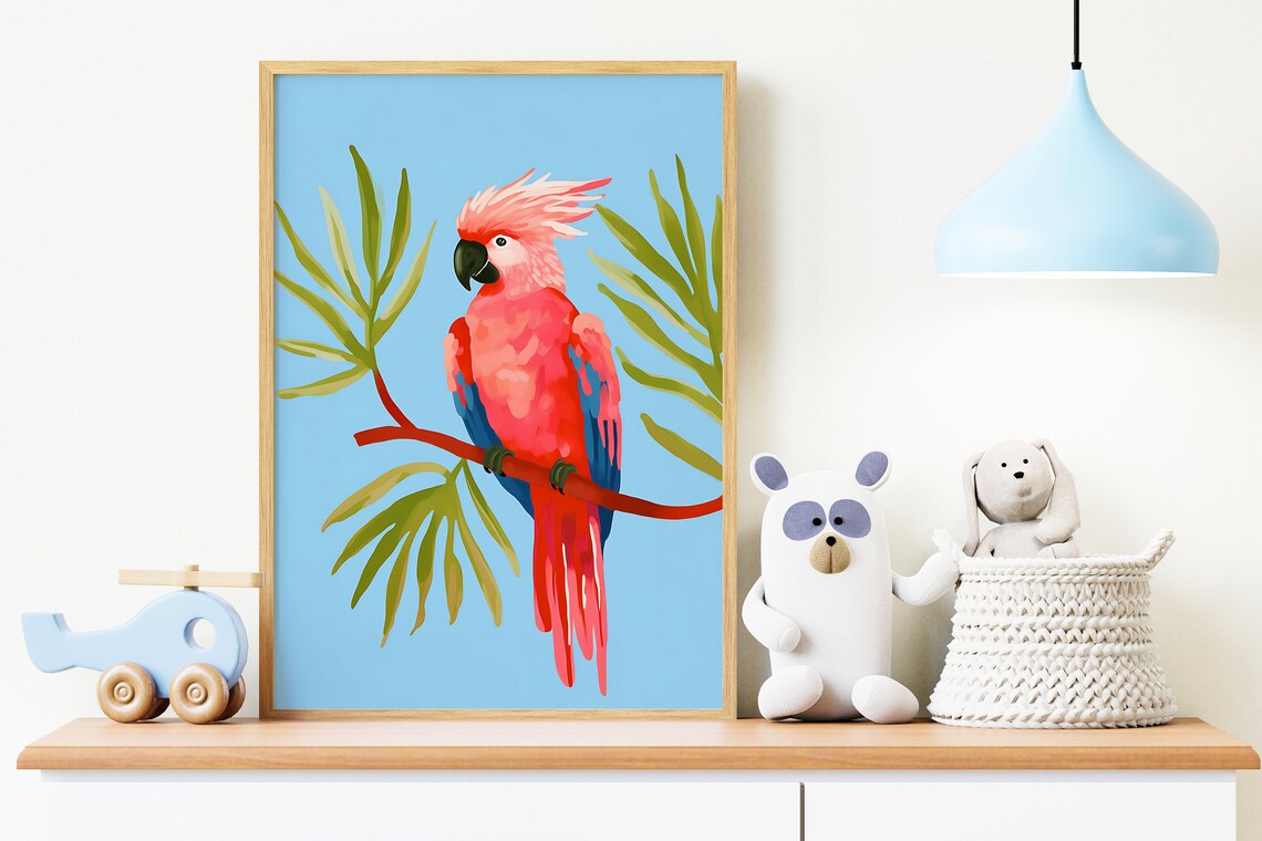 Pink Parrot Print, Colorful Nursery Wall Art
