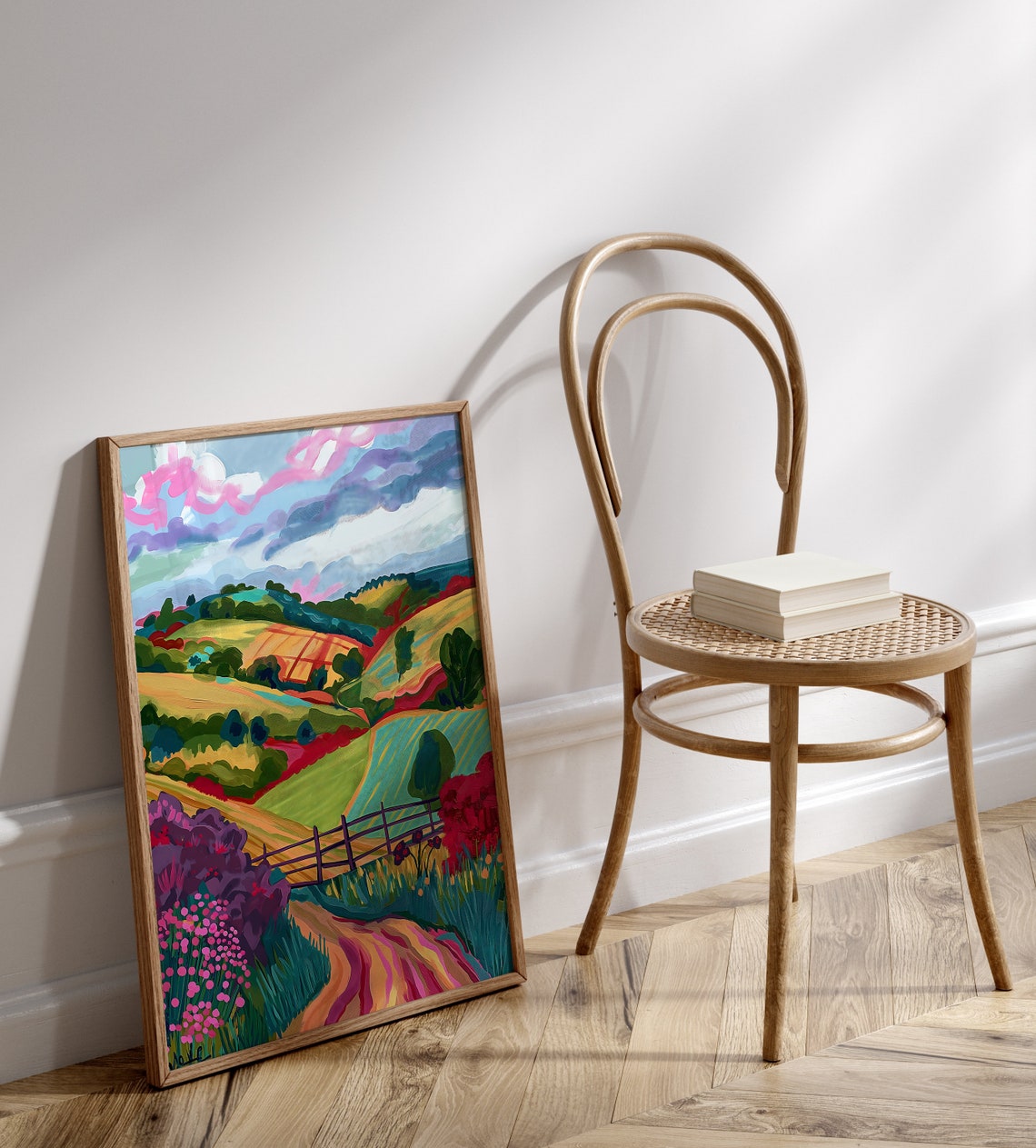 Abstract Colorful Countryside Rolling Hills Pink Clouds Wall Art