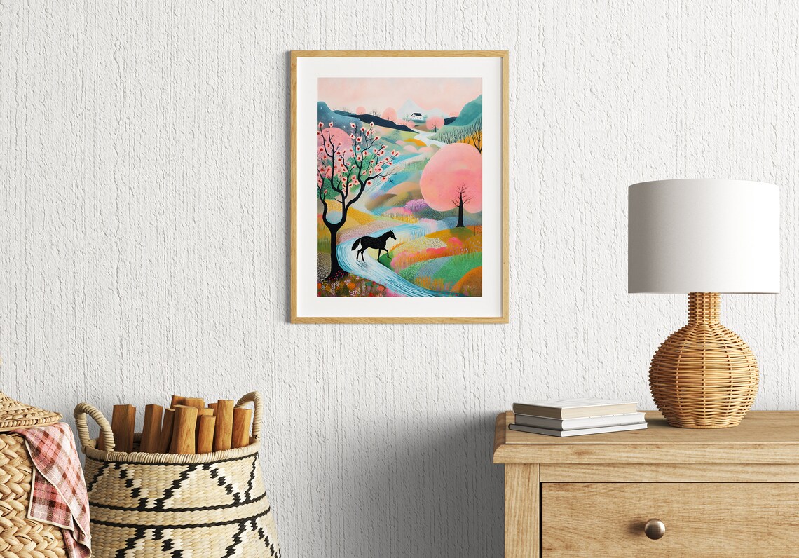 Spring Meadow Horse Drawing, Vibrant Landscape Art Print - Image 2