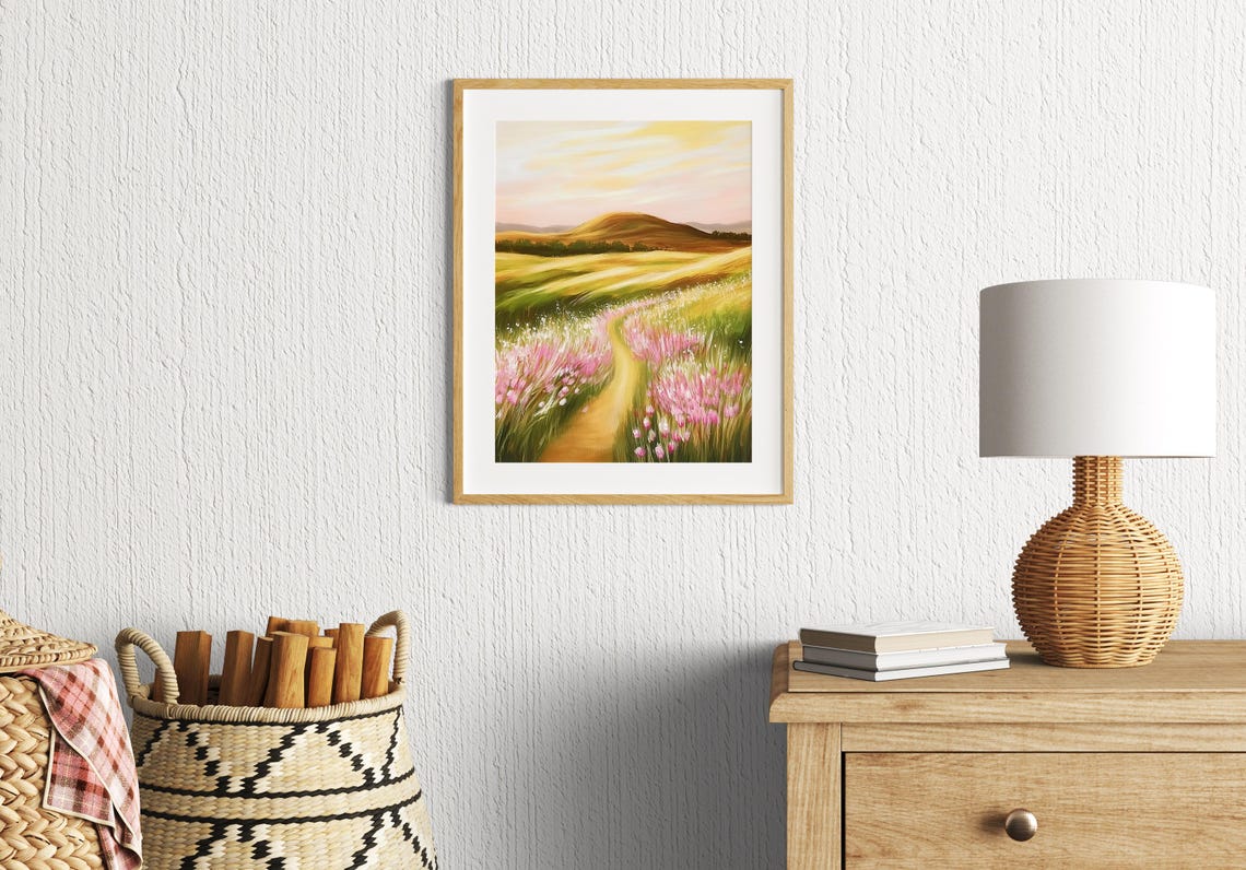Serene Wildflower Path Golden Hills Sunset Landscape Wall Art - Image 2