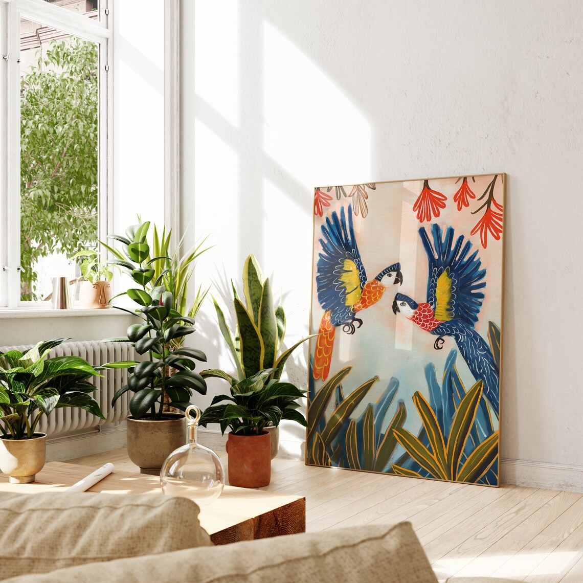 Two Colorful Parrots in Flight Over Tropical Leaves Floral Poster - Image 2