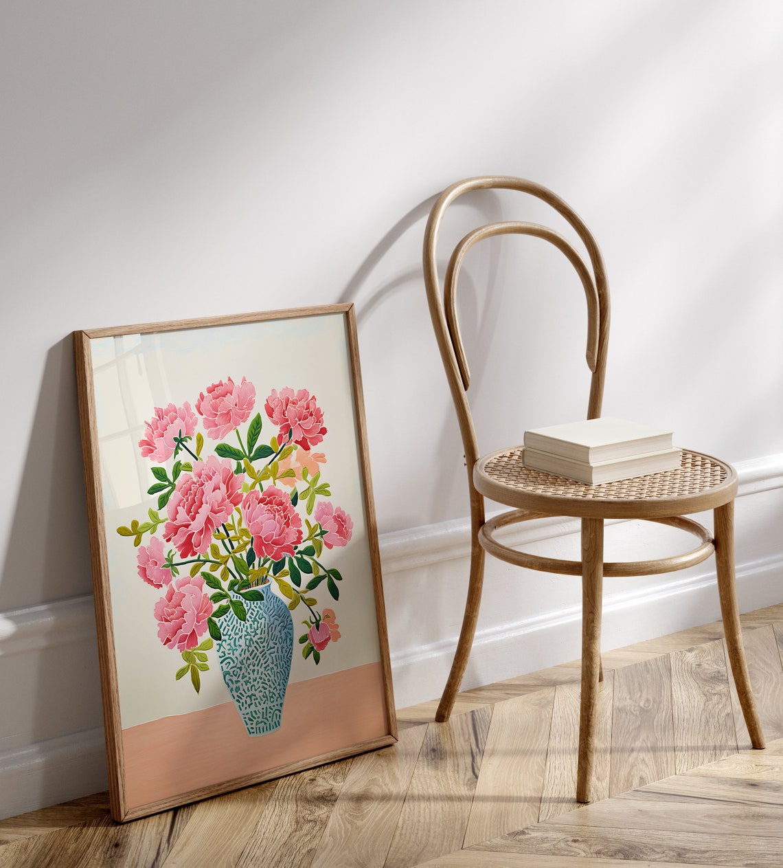 Pink Peonies Bouquet in Blue Patterned Vase Floral Artwork Poster - Image 2