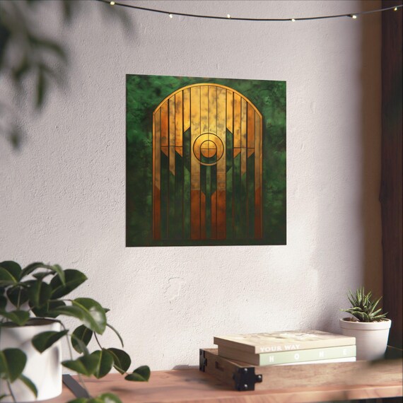 1920s Green And Gold Art Deco Sleek Poster Print Bold Statement Vibrant Metallic Look Geometric Colorful Shapes Zig Zags Rustic Art