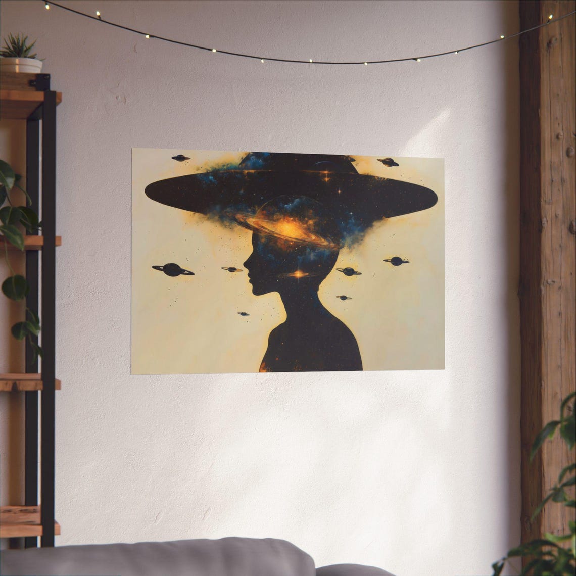 Glowing Cosmic Mind Silhouette With Galaxy Planets and UFOs Poster - Image 2