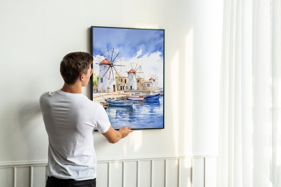 Mykonos Windmills Harbor Watercolor Greece Painting Art Poster - Image 2