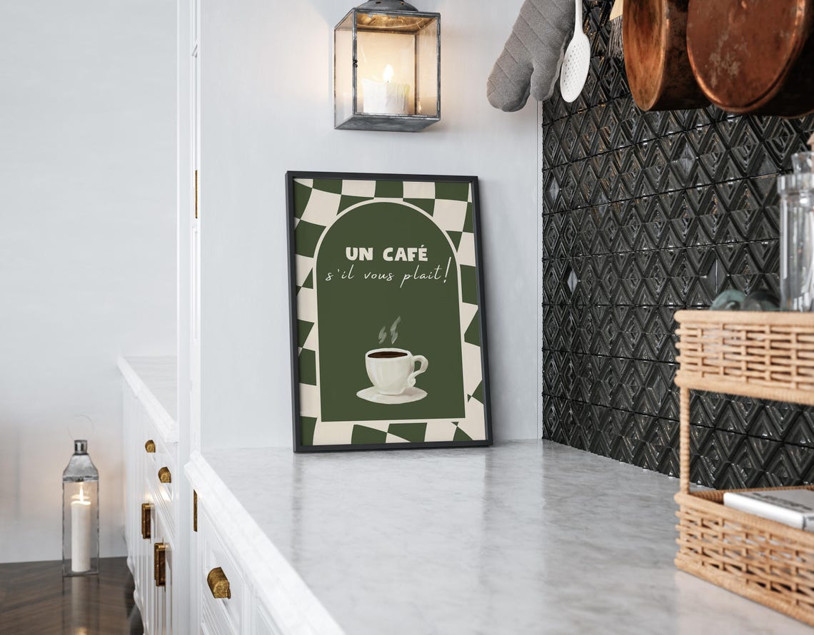 Un Cafe Sil Vous Plait Green Arch Checkerboard Border Coffee Poster - Image 2