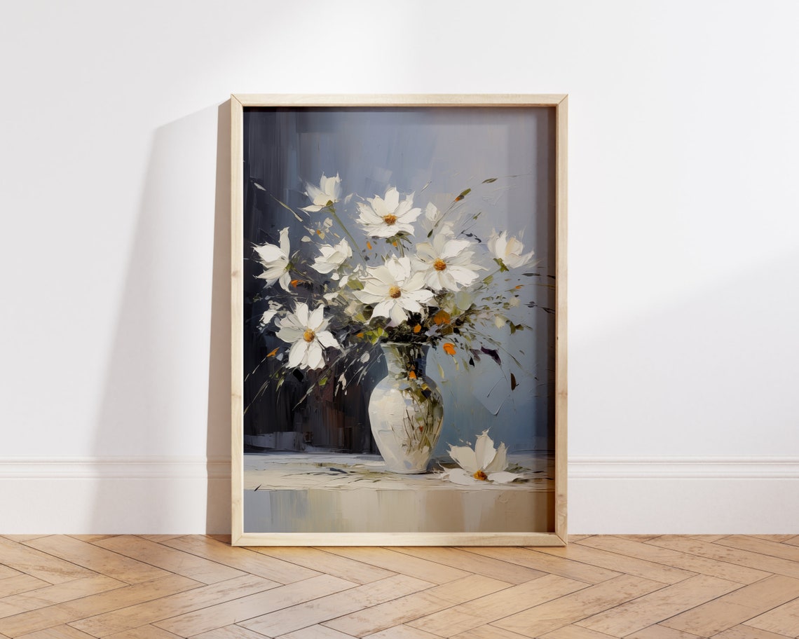 White Cosmos Flowers Vase Impressionist Floral Blue Moody Art Poster