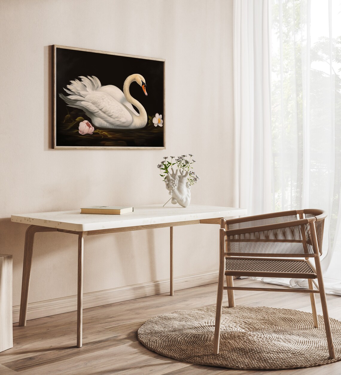 White Swan on Dark Water Elegant Moody Floral Oil Painting Poster - Image 2
