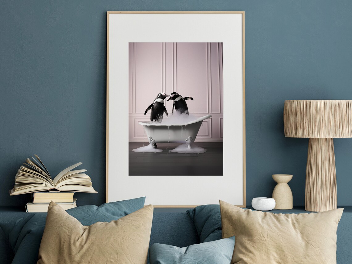 Penguins Splashing In A Clawfoot Bathtub Fun Bathroom Decor Poster - Image 2