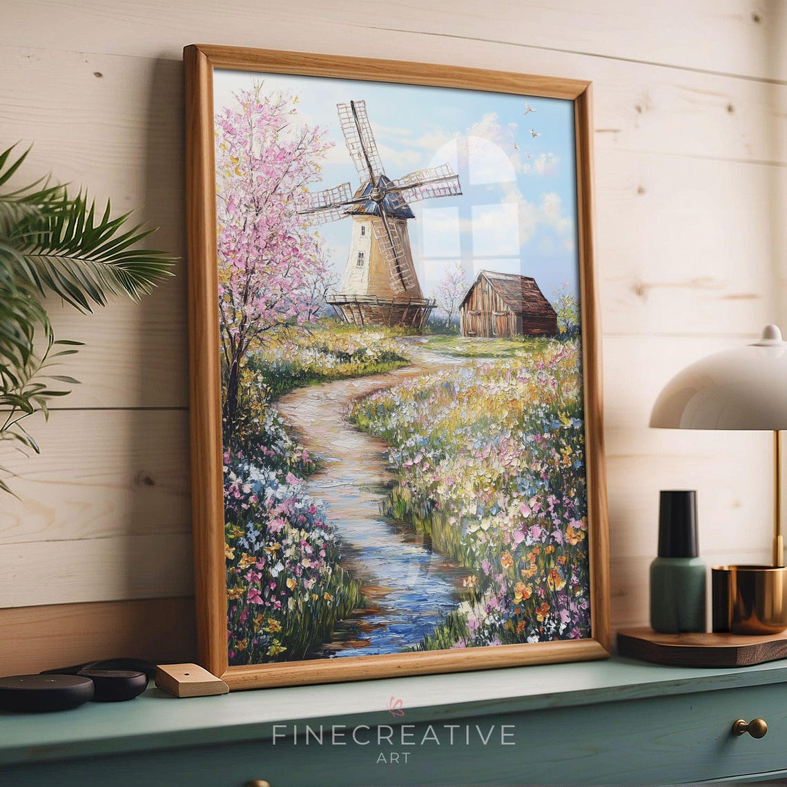 Windmill Spring Flower Fields Stream Barn Countryside Travel Poster - Image 2