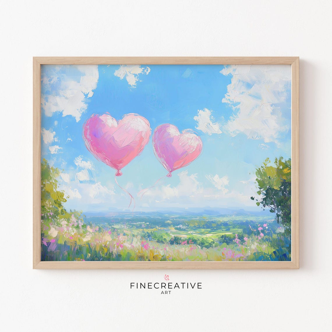 Pink Heart Balloons Floating Over Flower Meadow Valley Poster