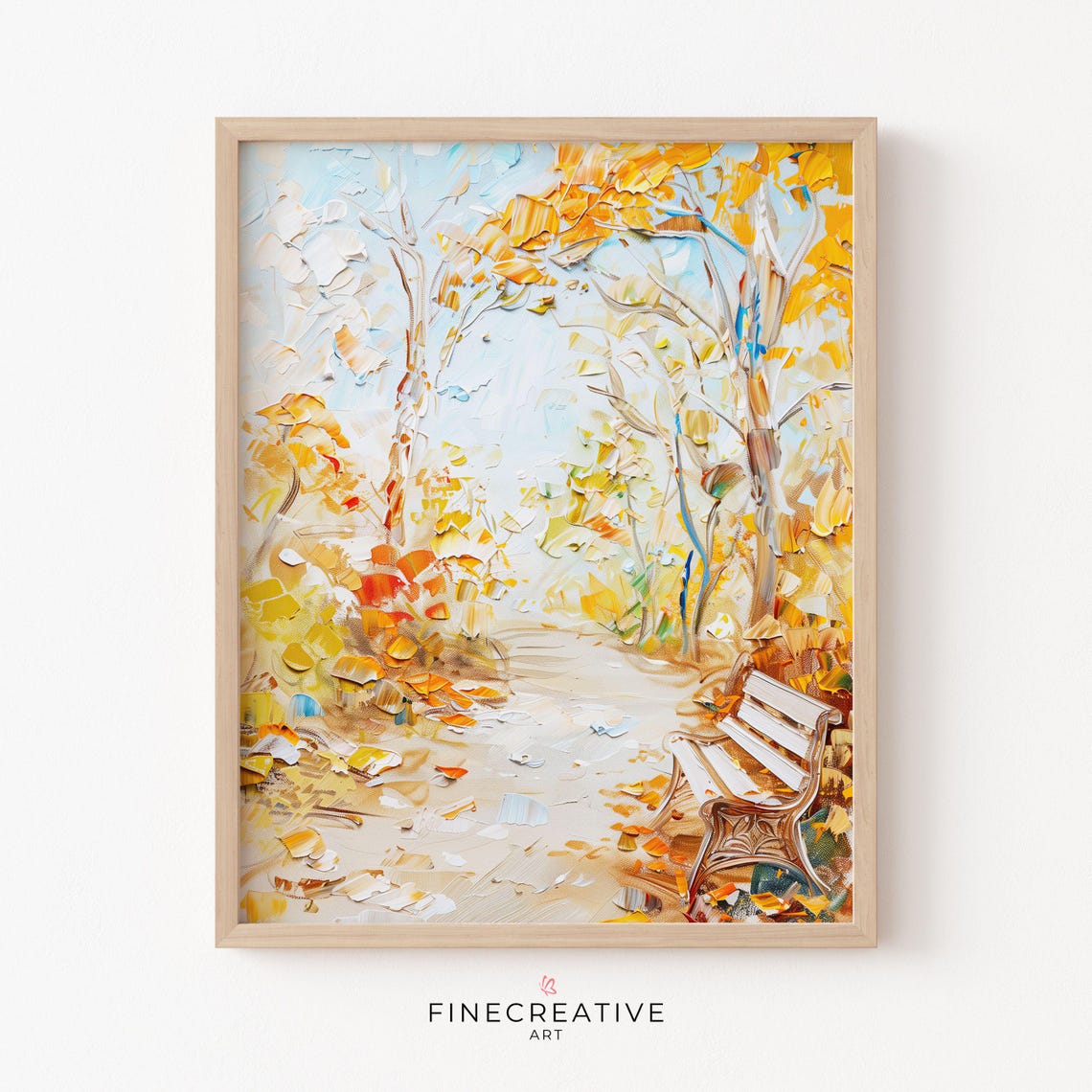 Autumn Park Path Bench Golden Trees Fall Painting Wall Poster