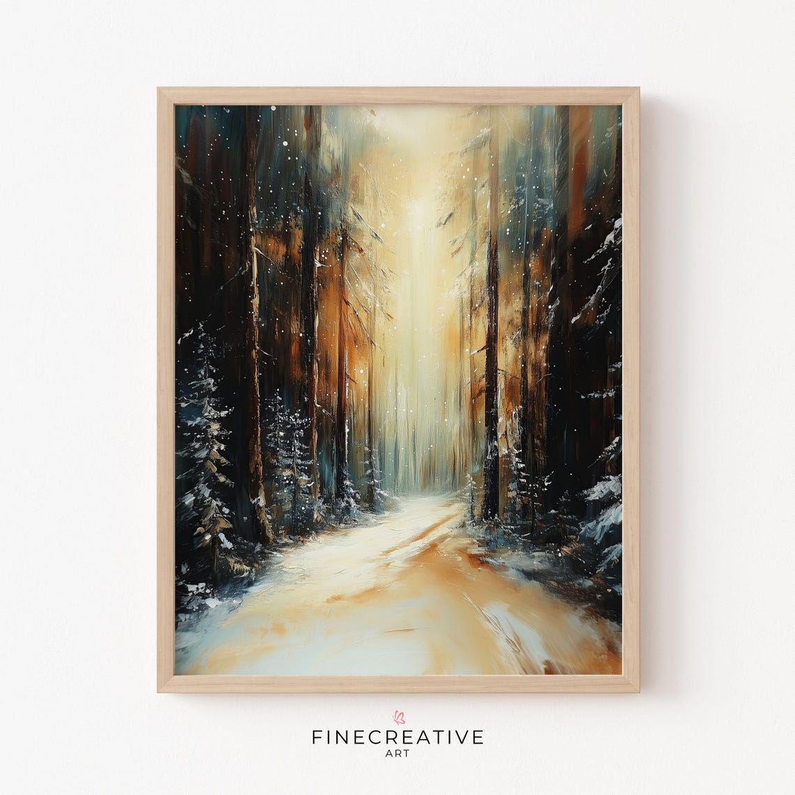Golden Light Winter Forest Path Tall Snowy Trees Painting Poster