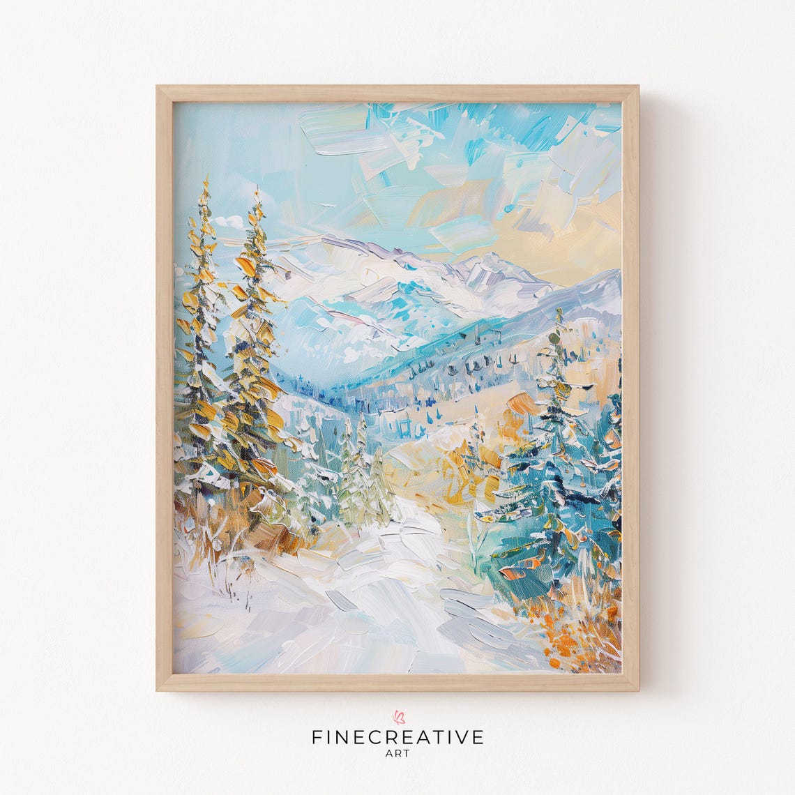 Snowy Mountain Valley with Golden Pines Pastel Impasto Winter Poster