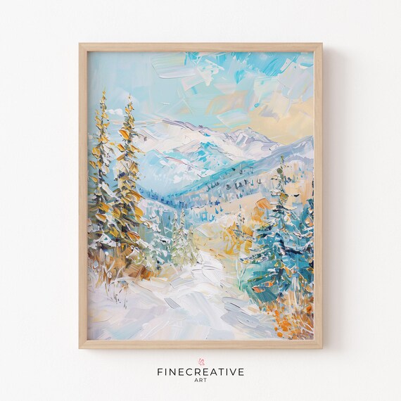 Snowy Mountain Valley with Golden Pines Pastel Impasto Winter Poster