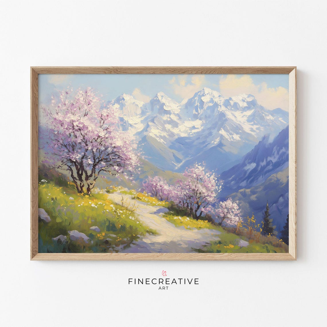 Cherry Blossom Trail Toward Snow Capped Mountain Peaks Print