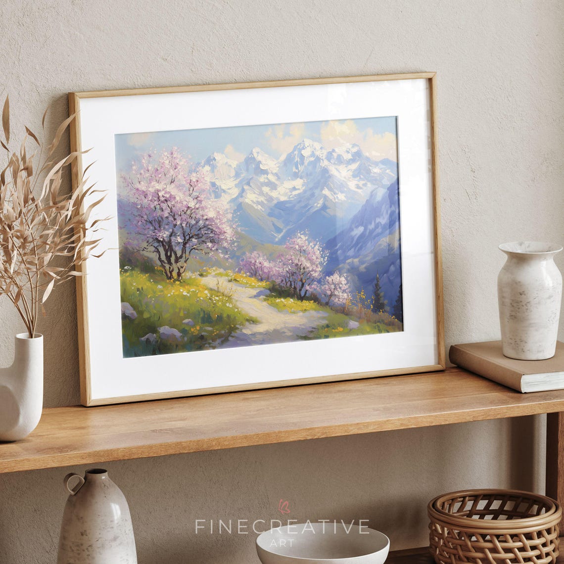 Cherry Blossom Trail Toward Snow Capped Mountain Peaks Print - Image 3