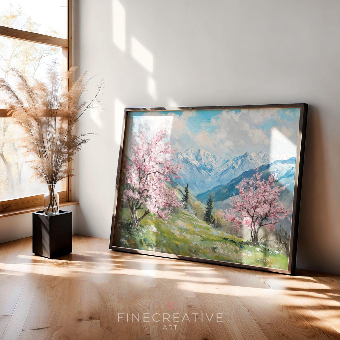Pink Cherry Blossom Trees With Snowy Mountain Peaks Spring Print - Image 2