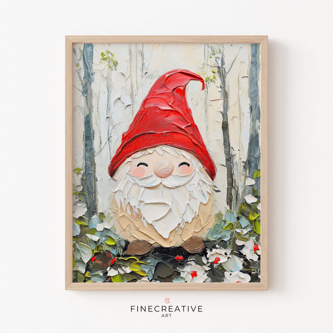 Cute Gnome Red Hat White Beard Birch Forest Impasto Painting Poster