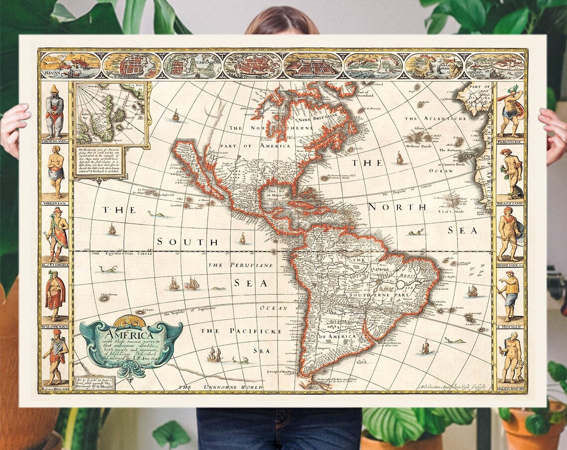 1646 America New World Antique Map Vintage Cartography Poster
