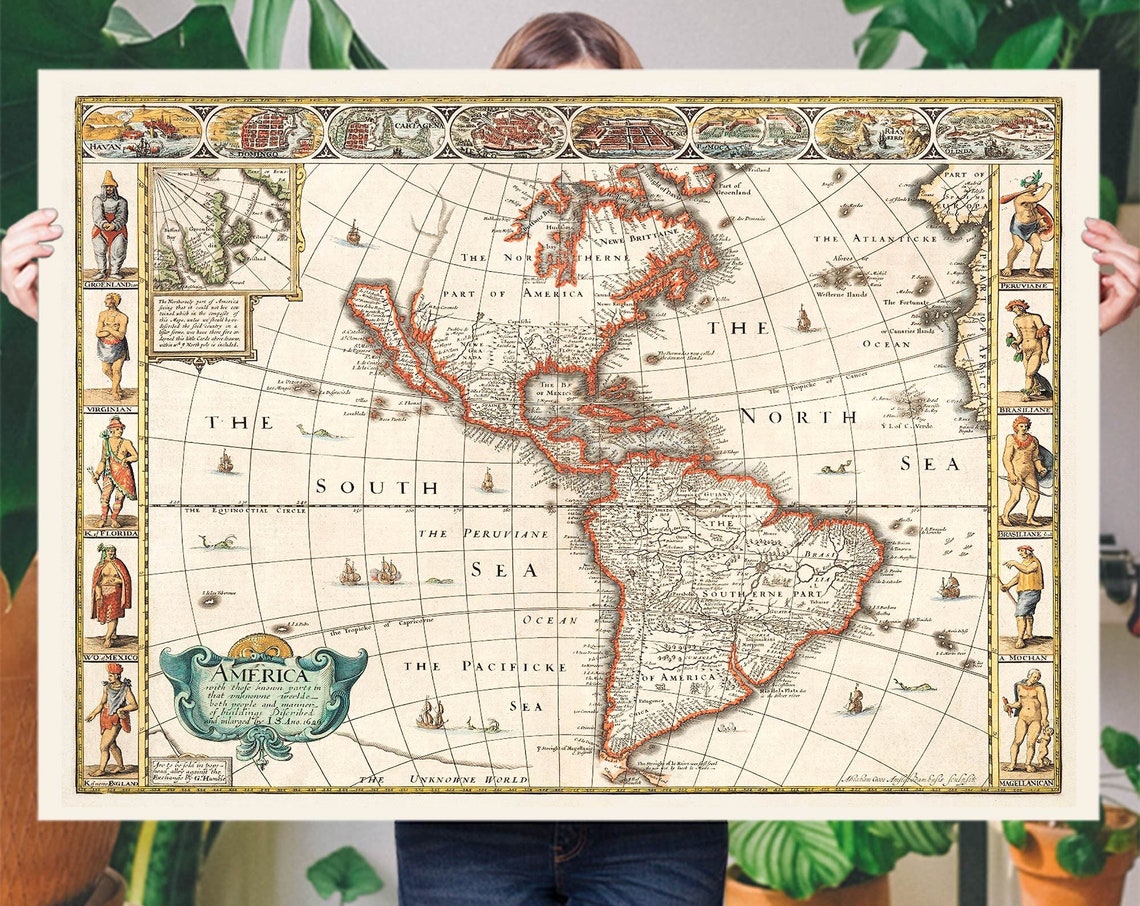 Large Vintage America Map Print John Speed Antique Map Usa Map Retro Educational Poster