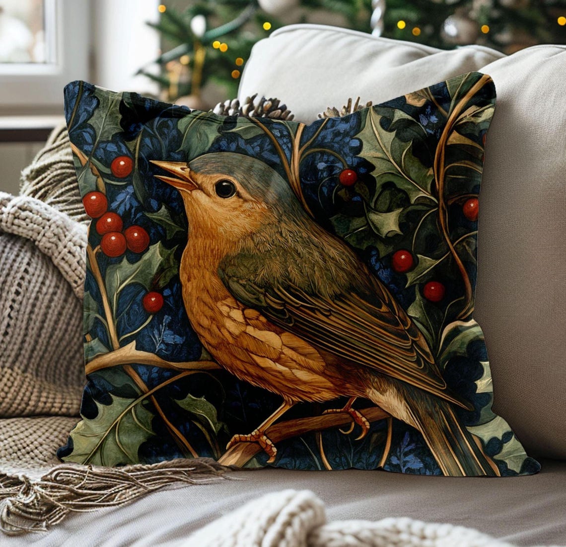 William Morris Style Bird Holly Berries Botanical Throw Pillow Cover